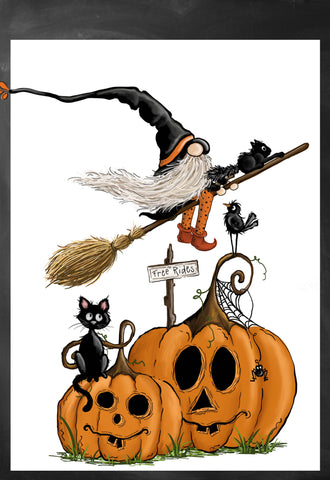 Gnome Witch On Broom Over Pumpkins GF