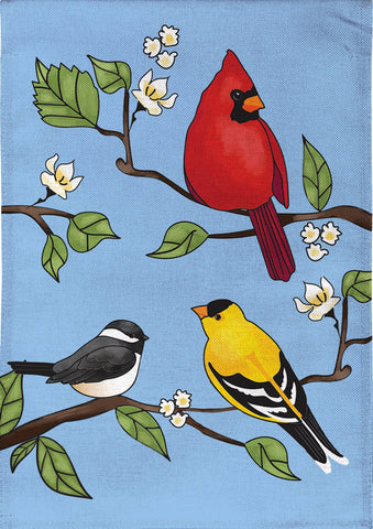 Cardinal and Friends Burlap Garden Flag