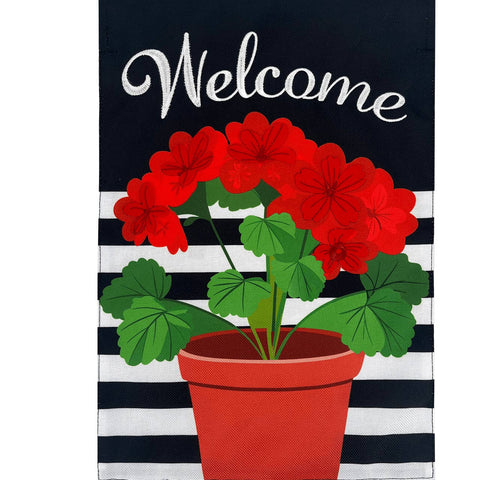Potted Red Geraniums Burlap Garden Flag
