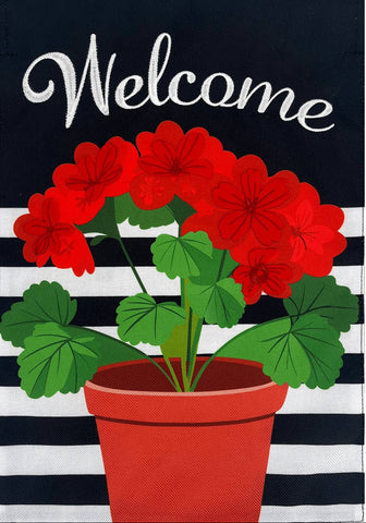 Potted Red Geraniums Burlap House Flag