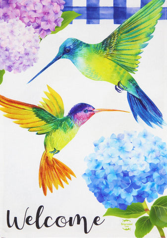 Hummingbirds and Hydrangeas Burlap Garden Flag