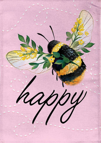 Bee Happy Pink Burlap Garden Flag