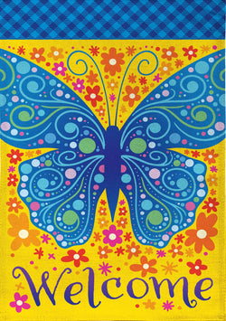 Welcome Mosaic Blue Butterfly Burlap Garden Flag