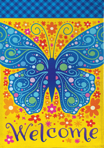 Welcome Mosaic Blue Butterfly Burlap Garden Flag