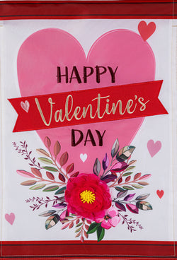 Happy Valentine's Day Heart and Floral Applique Garden Flag