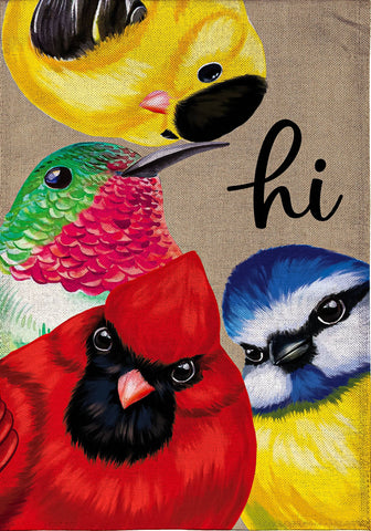Portly Birds Peeping Burlap House Flag