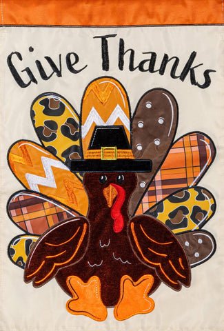 Give Thanks Patterned Turkey Applique Garden Flag